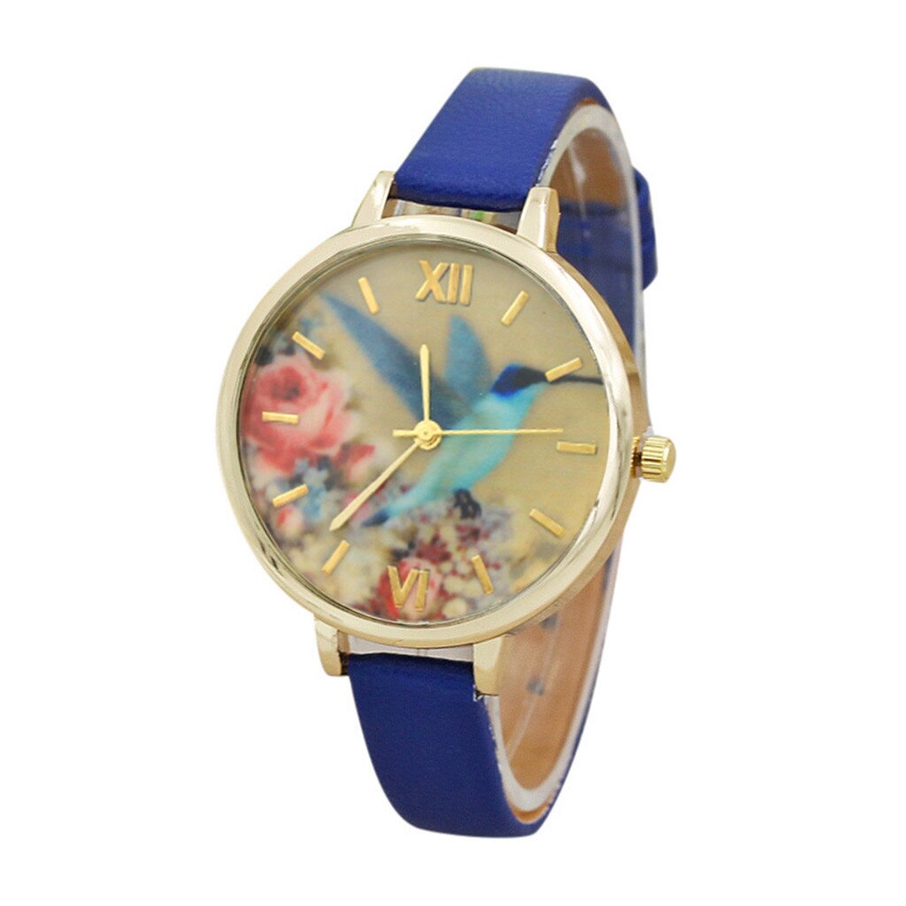 Vrouwen Jurk Leather Horloges Bloem Gedrukt Horloge Analoge Quartz Analoge Horloges Relogio Feminino: Blue