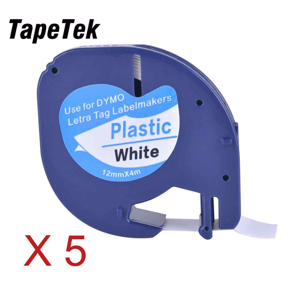 5 Compatible Black on White (12mm x 4m) Plastic Label Tapes for Dymo LetraTag QX 50, XR, XM, 2000, Plus Label Makers