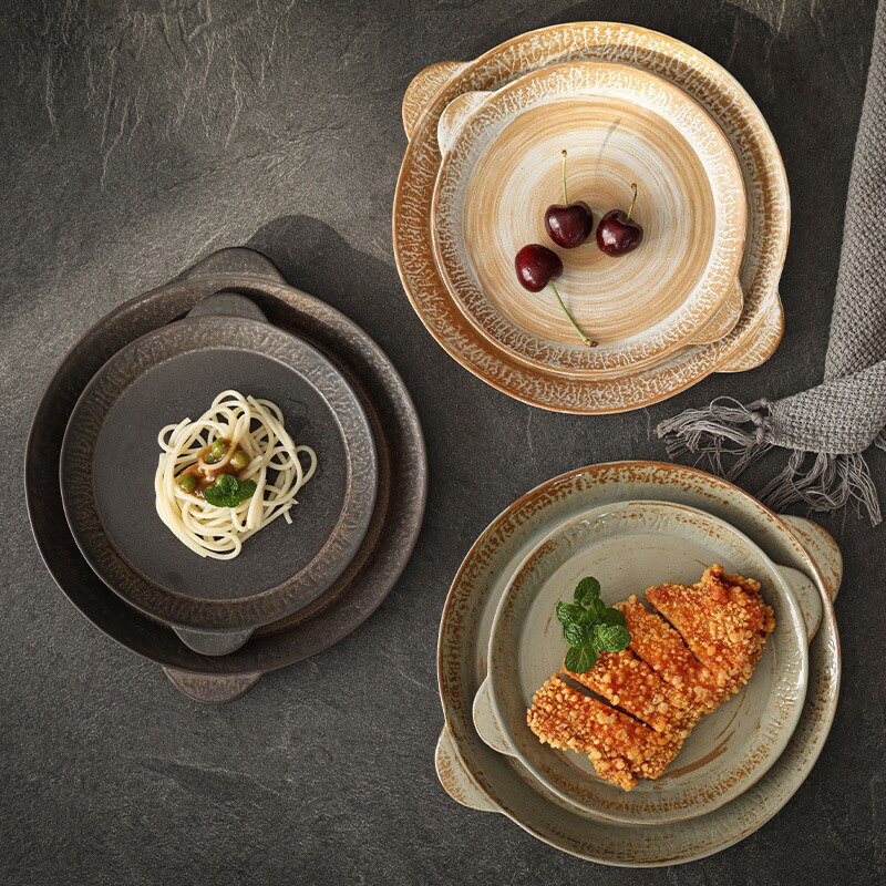 Japanese Retro Ceramic Tableware Rough Pottery Pasta Shallow Plate Binaural Steak Plate Home Salad Cooking Western Plate