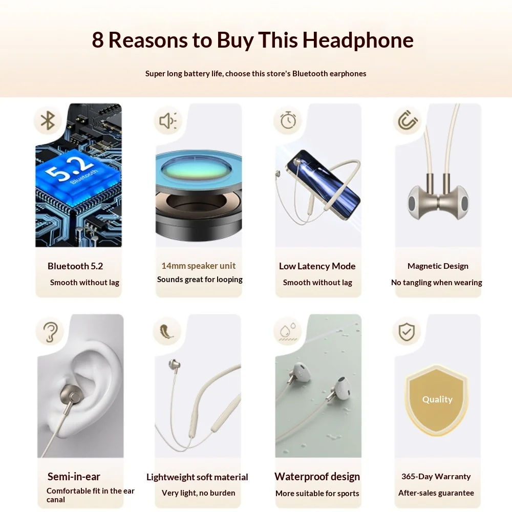Neck-hung Bluetooth Headphones Wireless Earphones High Sound Noise Cancellation Ultra-Long Battery Life Sports Running E
