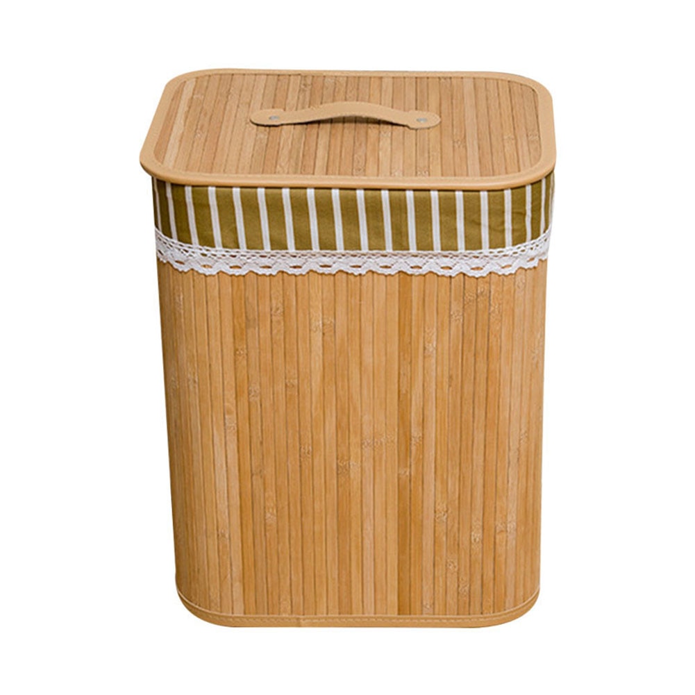 Folding Bamboo Storage Basket Large Storage Laundry Bin Box with Lid and Removable Lace 35X25X45cm E2S: B
