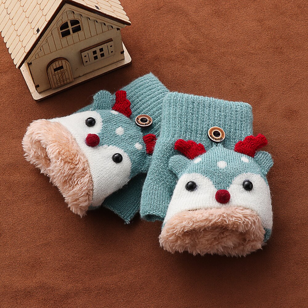 3-7 Year Old Kids Knitted Mittens Children Cute Deer Plus Velvet Padded Gloves Cartoon Kindergarten Clamshell Fingerless Gloves