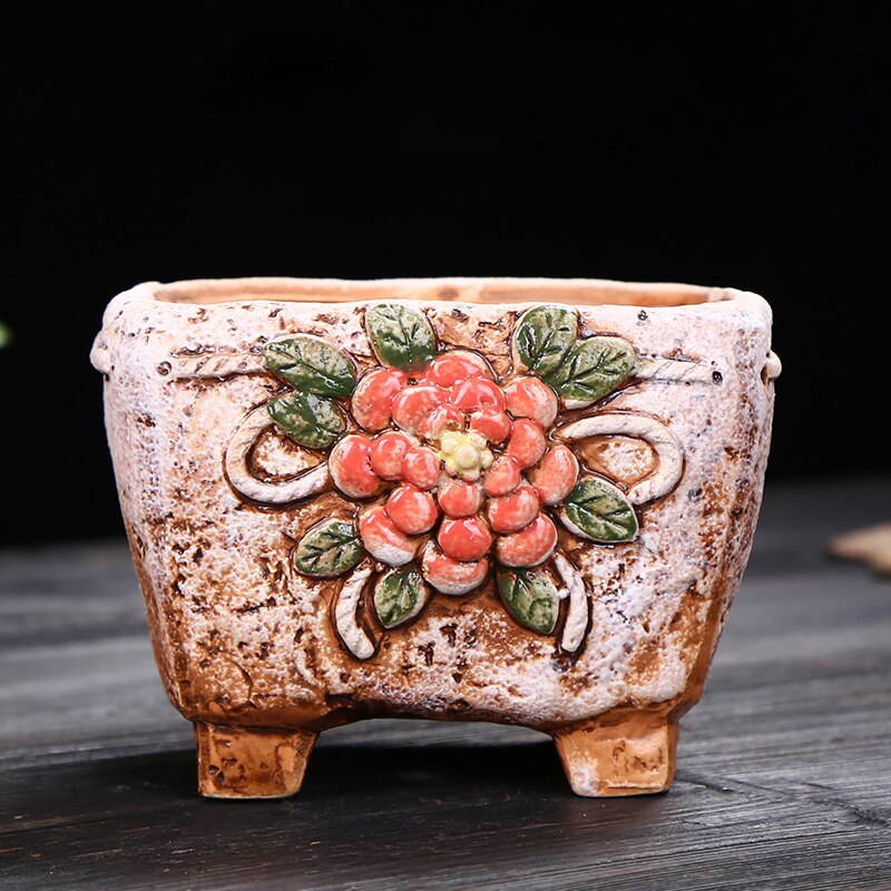 Maceta de cerámica gruesa con soporte para pies, maceta para plantas, bonsái, jarrón, adornos de escritorio: 12.5x9.8x8.8cm