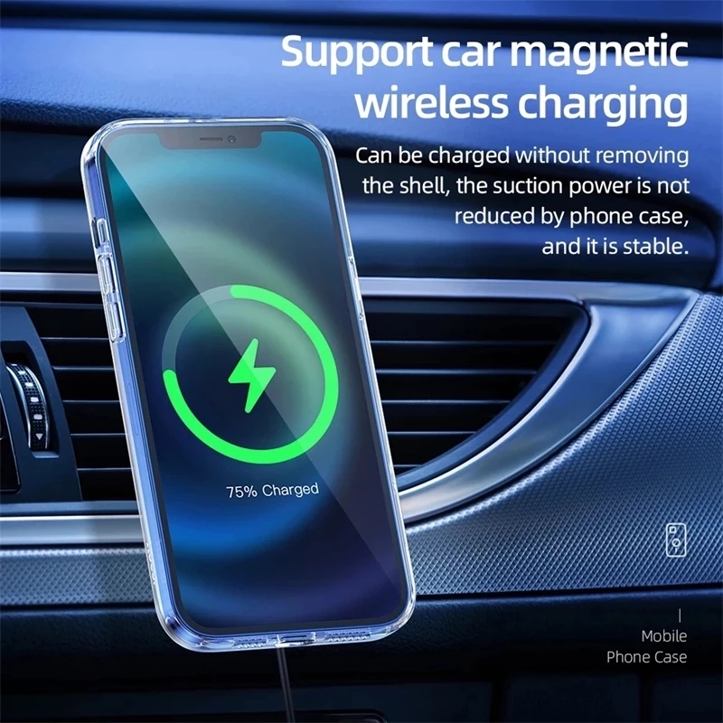 Funda magnética transparente para iPhone 11 12 13 14 15Pro Max Mini 7 8 X XS Max XR Magsafing soporte cubierta de carga inalámbrica