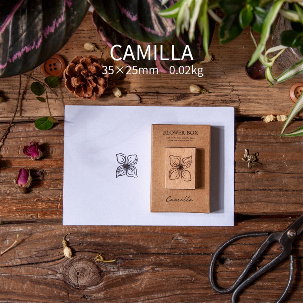 Sellos Vintage de plantas y flores para manualidades, sellos de madera para álbum de recortes, postales, tarjetas de diario, decoración, papelería Kawaii, 1 unidad: Camilla