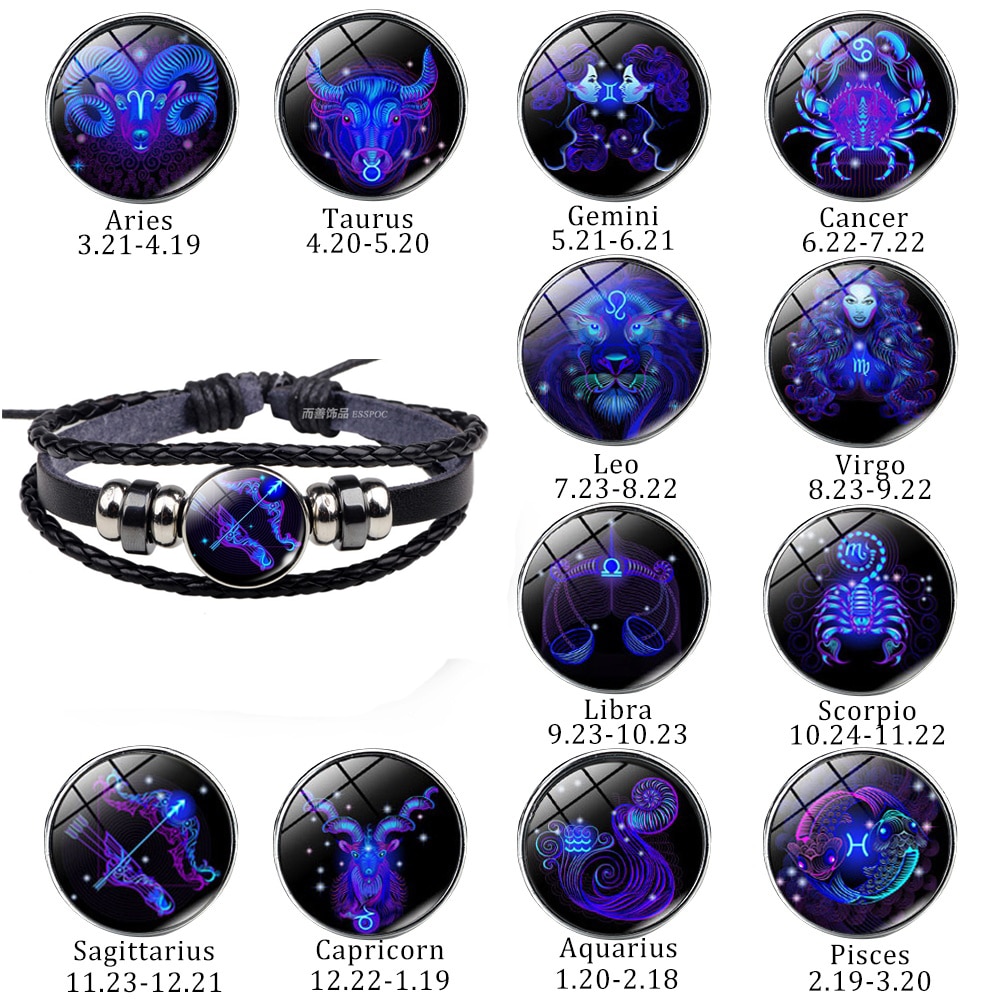 12 stjernebilleder sort reb flettet læder armbånd stjernetegn armbånd cancer leo jomfru libra scorpio til mænd kvinder
