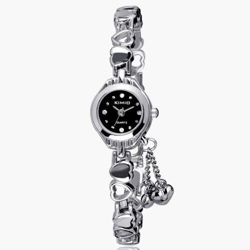 KIMIO Women Bracelet Watch Ladies Tassel Dress Quartz Watch Clock Hollow Love Hearts Steel Strap Wrist Watch Montre Femme: black watch