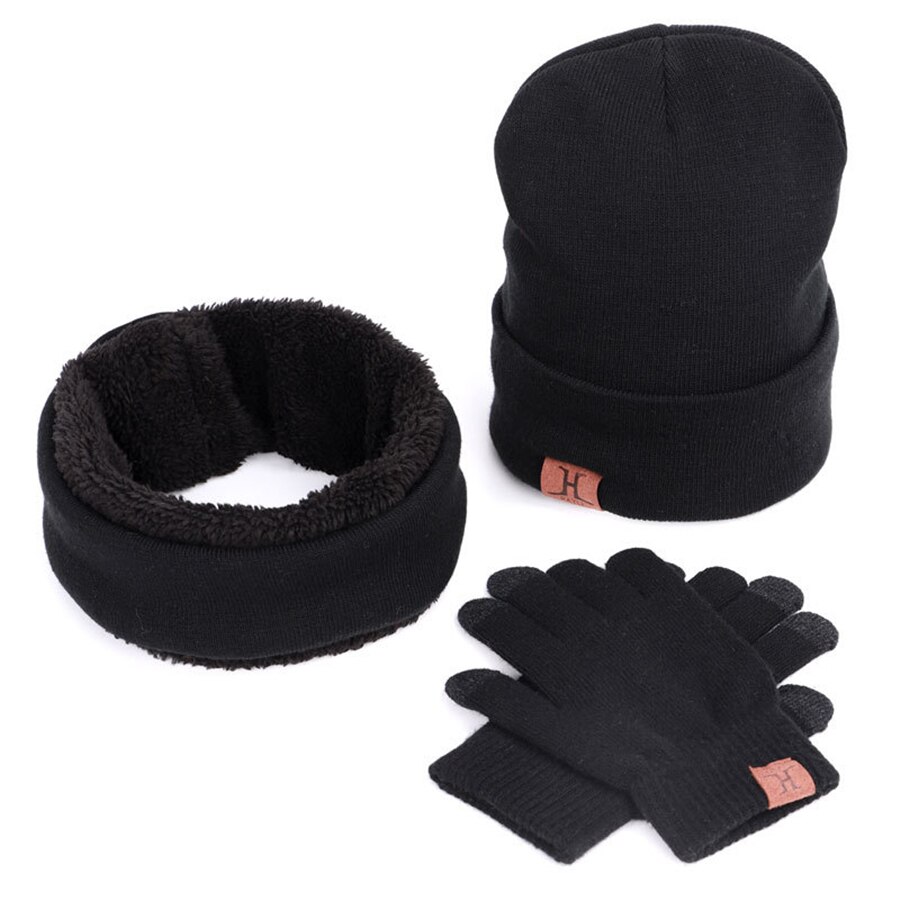 BADAMANASets 3 Winter Unisex Knitted Beanies Hats Men Warm Hat With Bib Touch Screen Gloves Women Bonnet Beanie Cap Outdoor Ridi