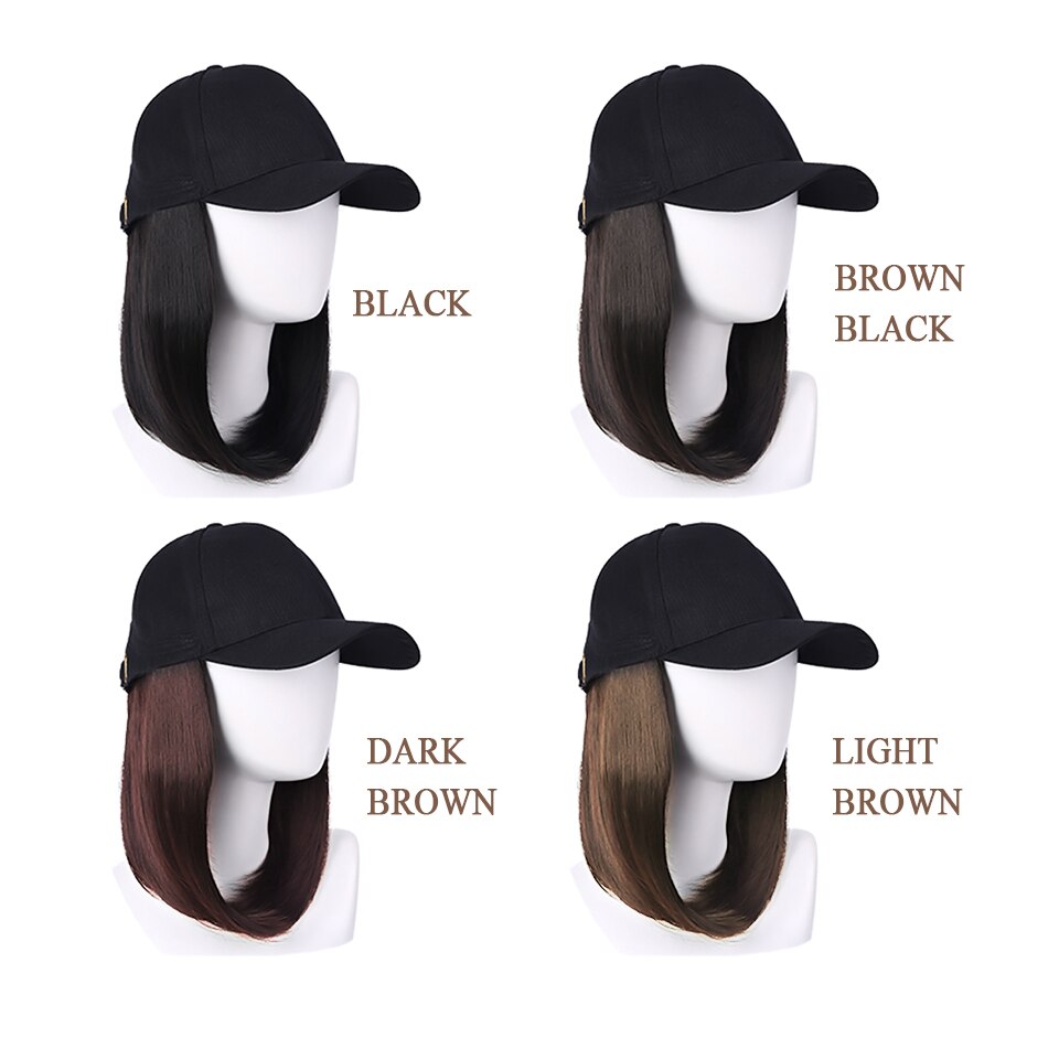 HUAYA Short Straight Hat wig Synthetic Baseball Cap Hair Wig Natural Black Wigs Connect Synthetic Hat Wig Adjustable For Girl