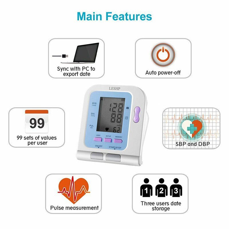 CONTEC08C Blood Pressure Monitor Upper Arm Electronic Sphygmomanometer Adult Cuff Oscillometry+Digital Integrative SpO2 Probe
