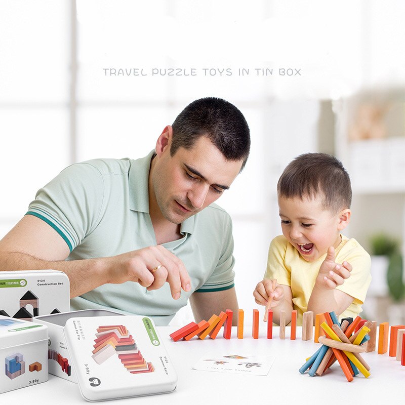 Baby Kids Cognitie Puzzels Speelgoed Peuter Ijzeren Doos Matching Game 3D Houten Puzzel Domino Gyro Sets Voor Kinderen Cognitieve