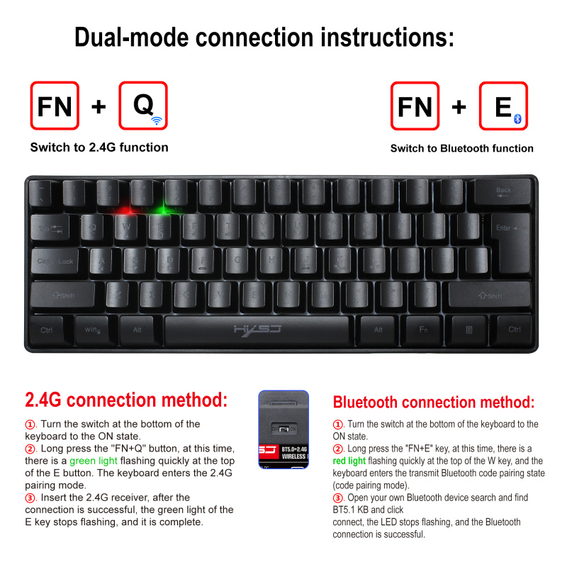 Wireless Gaming Keyboard 2200mAh LED Backlit Mini 61 Keys Keyboard with Bluetooth 5.1&amp;2.4G Wireless Dual Modes Compact Layout