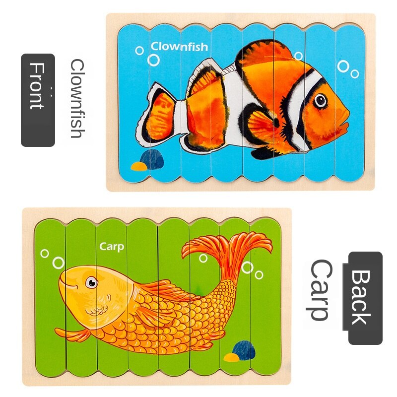 Di legno creativo ice cream bar di puzzle per bambini educativi del fumetto traffico animale storia double-sided cognitivo puzzle: Clown fish and carp