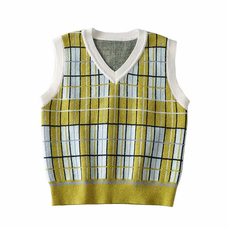 Artsnie vintage geruite trui vest dames herfst o hals mouwloos pullover femme streetwear casual crop truien dames trui: M
