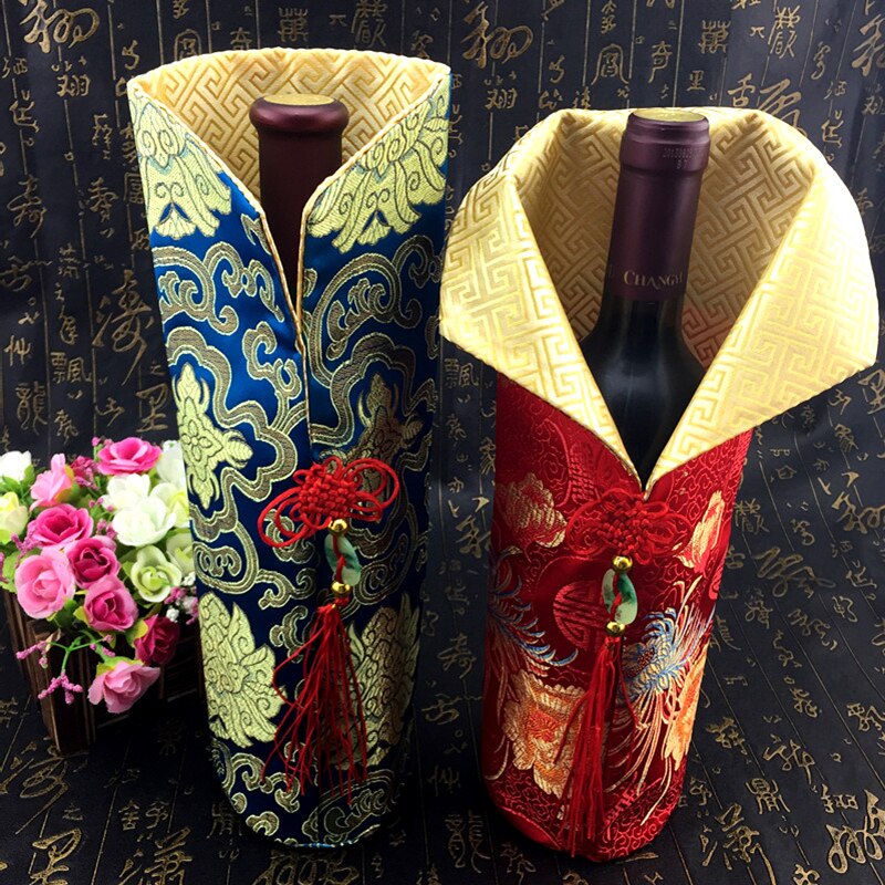 Chinese knoop kersthoes wijnfles tas tafeldecoratie wijnfles tas zijde brokaat rode wijn kleding past 750ml 10 stuks