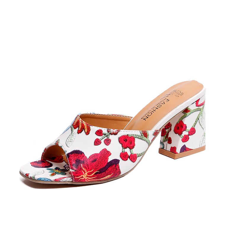 Damesko sommer høye hæler peep toe dame festsko blomsterhæl kvinnelig tøffel utendørs hvit svart  g231: Hvit / 9