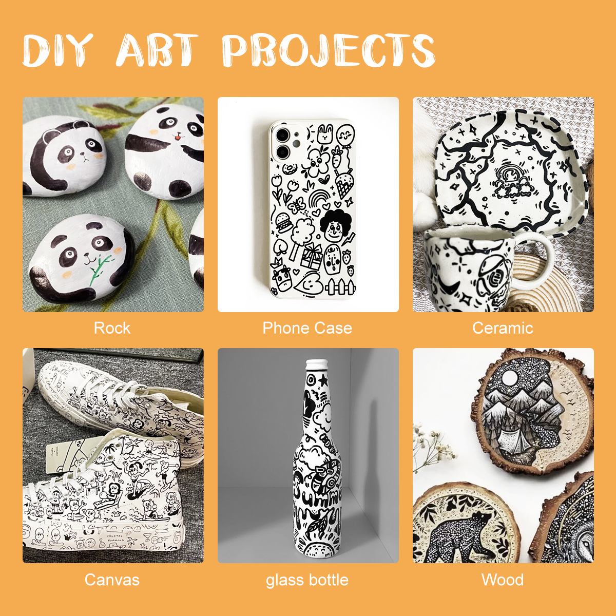 Arrtx Czarne pisaki akrylowe 8 sztuk pędzli i markerów z cienką końcówką robić malowania skał, rysowania, drewna, graffiti, płótna