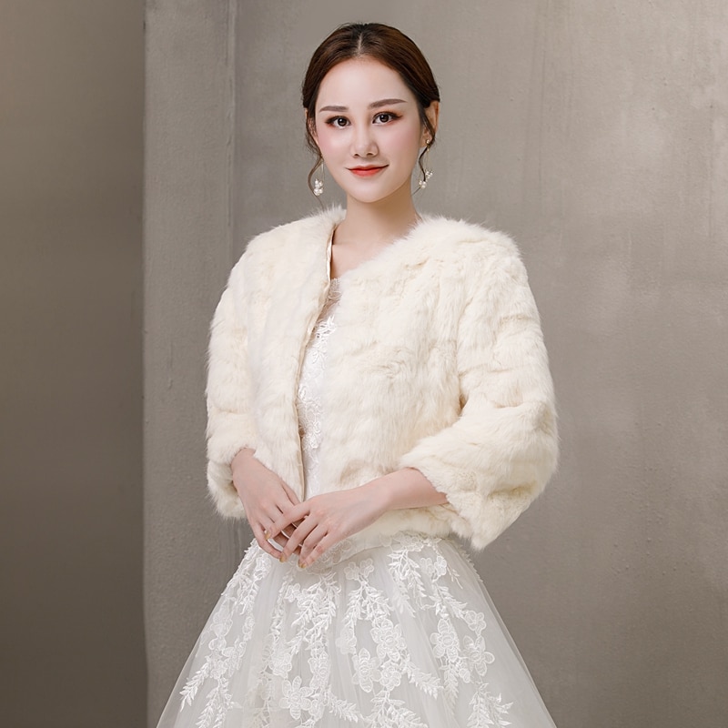 Three Quarter Sleeve Ivory Formal Party Evening Jackets Wraps Faux Fur Wedding Capes Winter Women Bolero Shawls