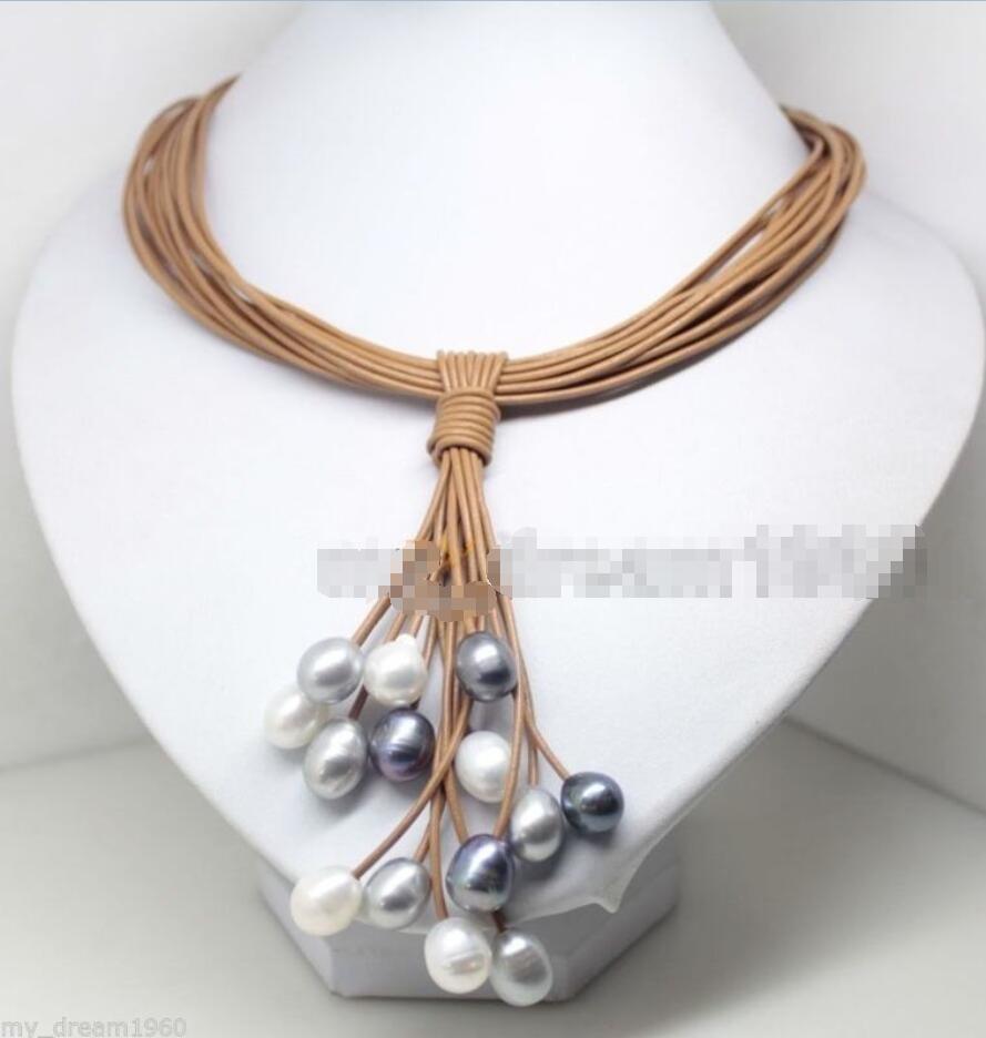 Style >>>>> 10-11MM Black White Gray PEARL PENDANT NECKLACE LEATHER CORD CHAIN MAGNET CLASP