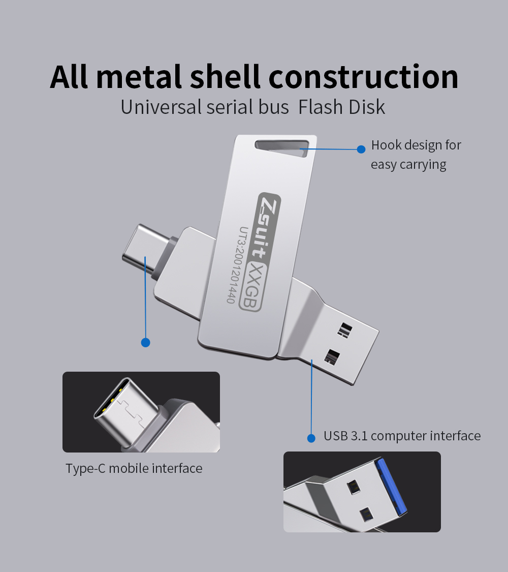 Zsuit 10 pcs/lot OTG 32G USB Flash Drive Metal Memory Stick USB 3.0 Flash Drive 64G 128G 32GB Double C Disk c USB Flash Drive Fr