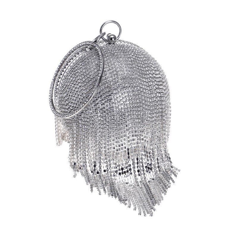 bolso con borla de cristal, el bolso más bonito y divertido de forma redonda, dorado, plateado, clutch, bolsos de noche a la , bolsos rojos, bolsos de mano para mujer: Plata
