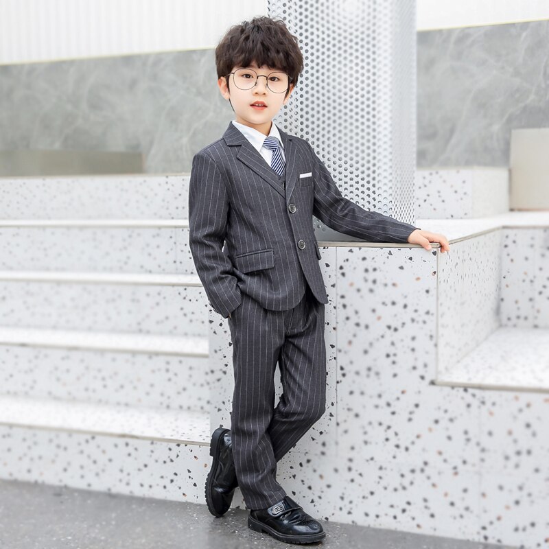 Children Formal Suits Flower Boys Wedding Party Performance Host Costume School Kids Striped Blazer Vest Pants 3pcs Outfits