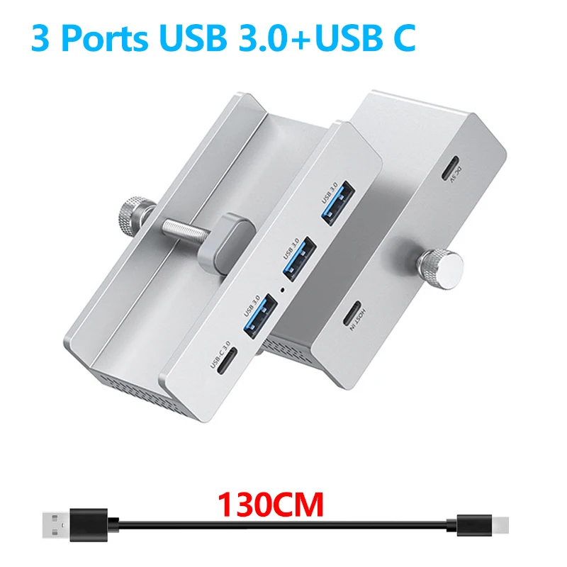 10Gbps Clip USB HUB Clamp USB3.2/3.0/2.0 Splitter Universal External Adapter For iMac Macbook Lenovo Desktop PC Accessories: Silver