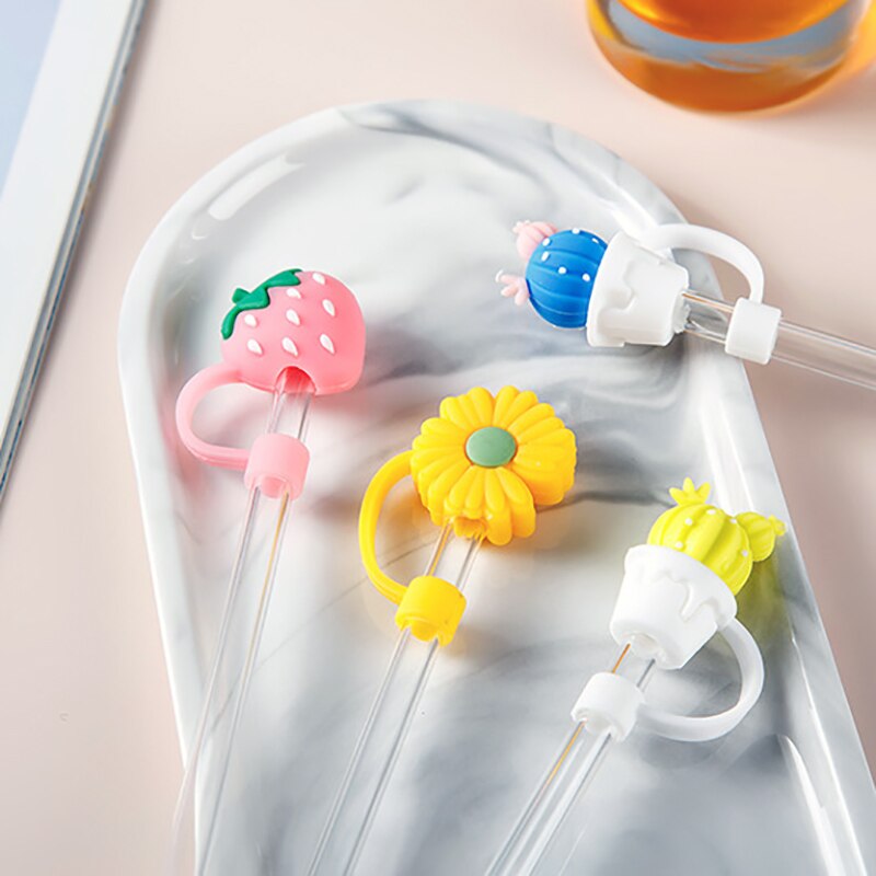 Bouchon de paille en Silicone, capuchon anti-poussière, tasse à boire réutilisable, accessoires de paille en verre, bouchon de dessin animé, couvercle de tête d'aspiration, mignon universel