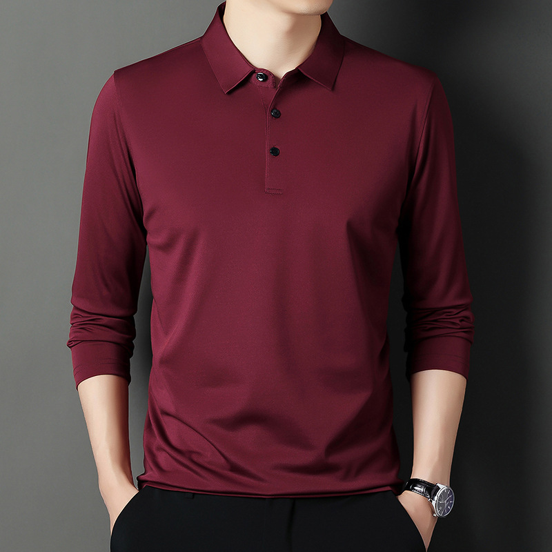 Spring Autumn Solid Color Long Sleeve Polo Shirts Man High Street Casual Loose All-match Pullovers Office Button Top: M / Burgundy