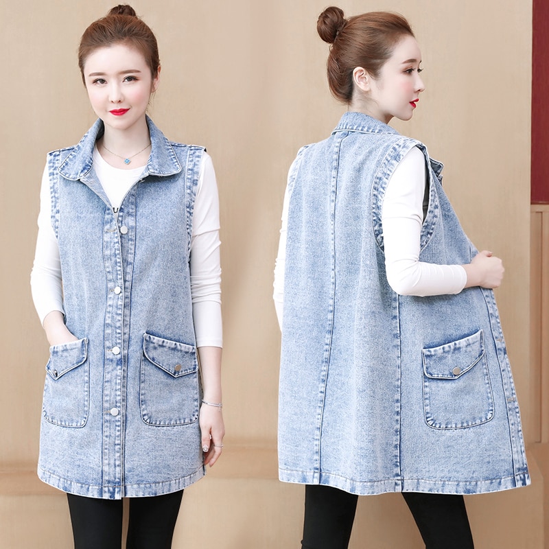 Chaleco Denim Mujer Patchwork chaquetas abrigo largo Jeans chaqueta Casual Tops ropa chaquetas Casaco mujer de talla grande