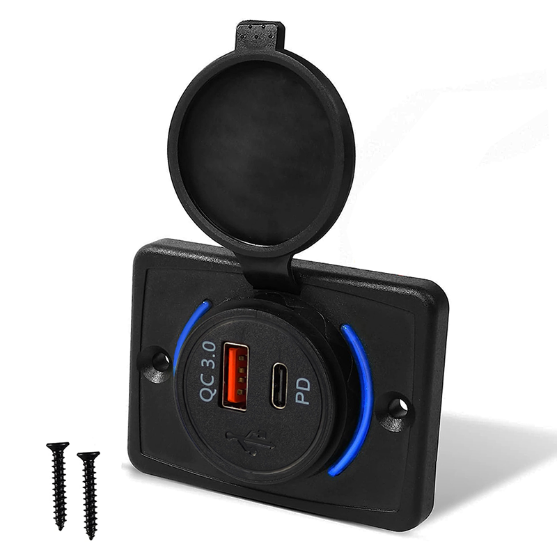 Cargador Usb Pd Qc 3,0 de carga rápida con cubierta, cargador Usb con luz Led de carga rápida resistente al agua de 38W para coches, barcos, autobuses y vehículos recreativos: Azul