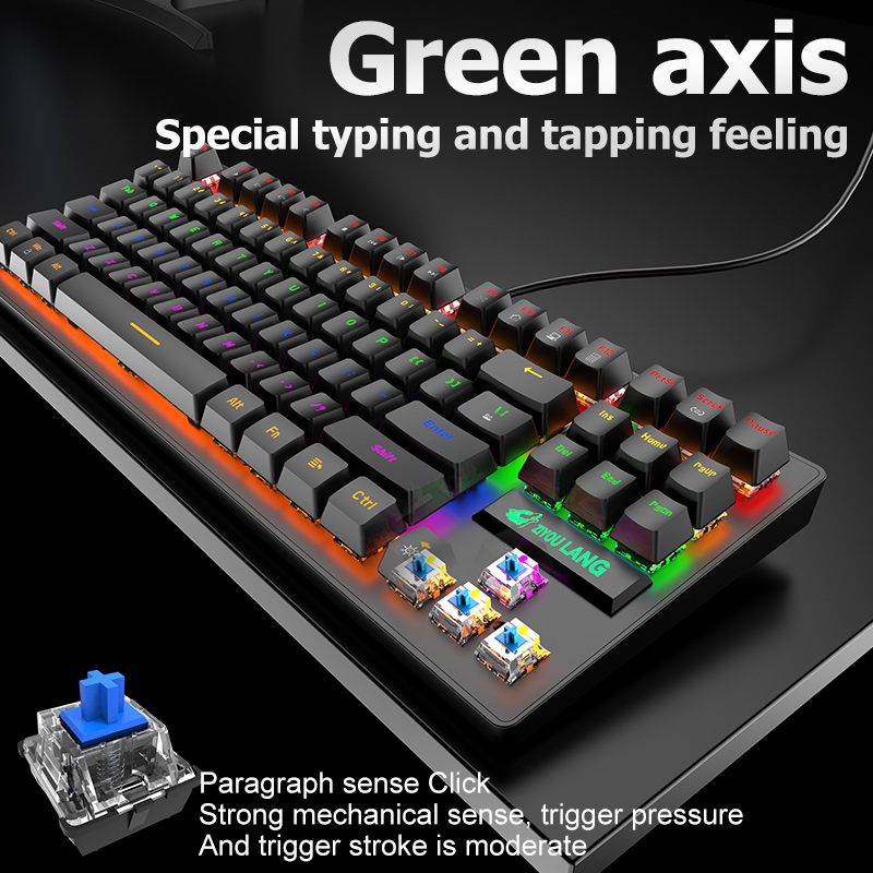 Colorful Backlit Gaming Mechanical Keyboard 87Keys Blue Switch Rainbow Backlight Game Wired Keyboard for Office Laptop PC Gamer