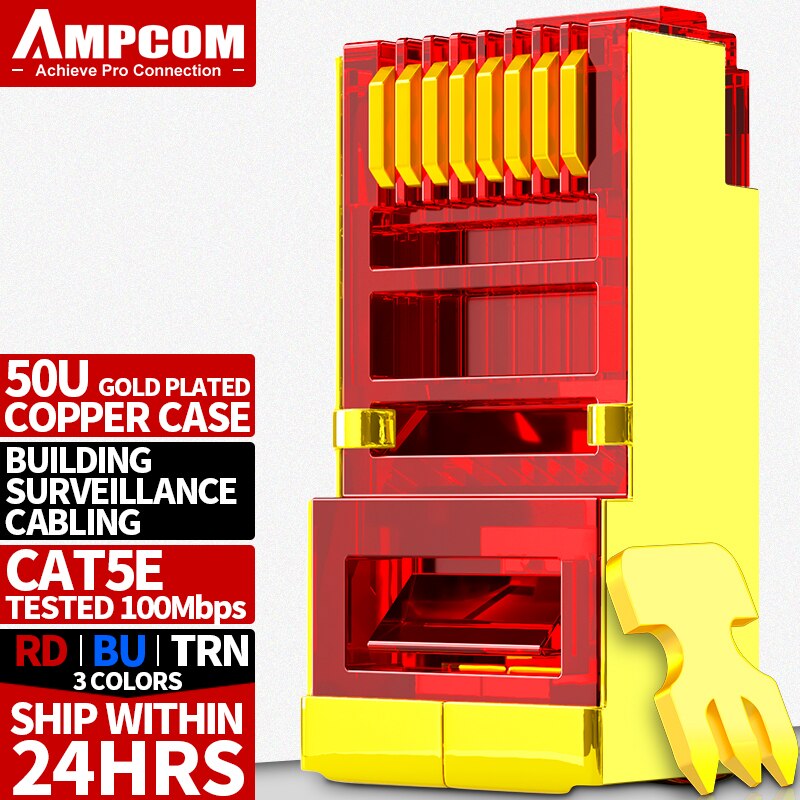 AMPCOM Shielded RJ45 CAT5E Connector Modular Plug Connector 8P8C Crimp End Ethernet Cable Ethernet Connector Gold-Plated 50U: Red / 50-Pack