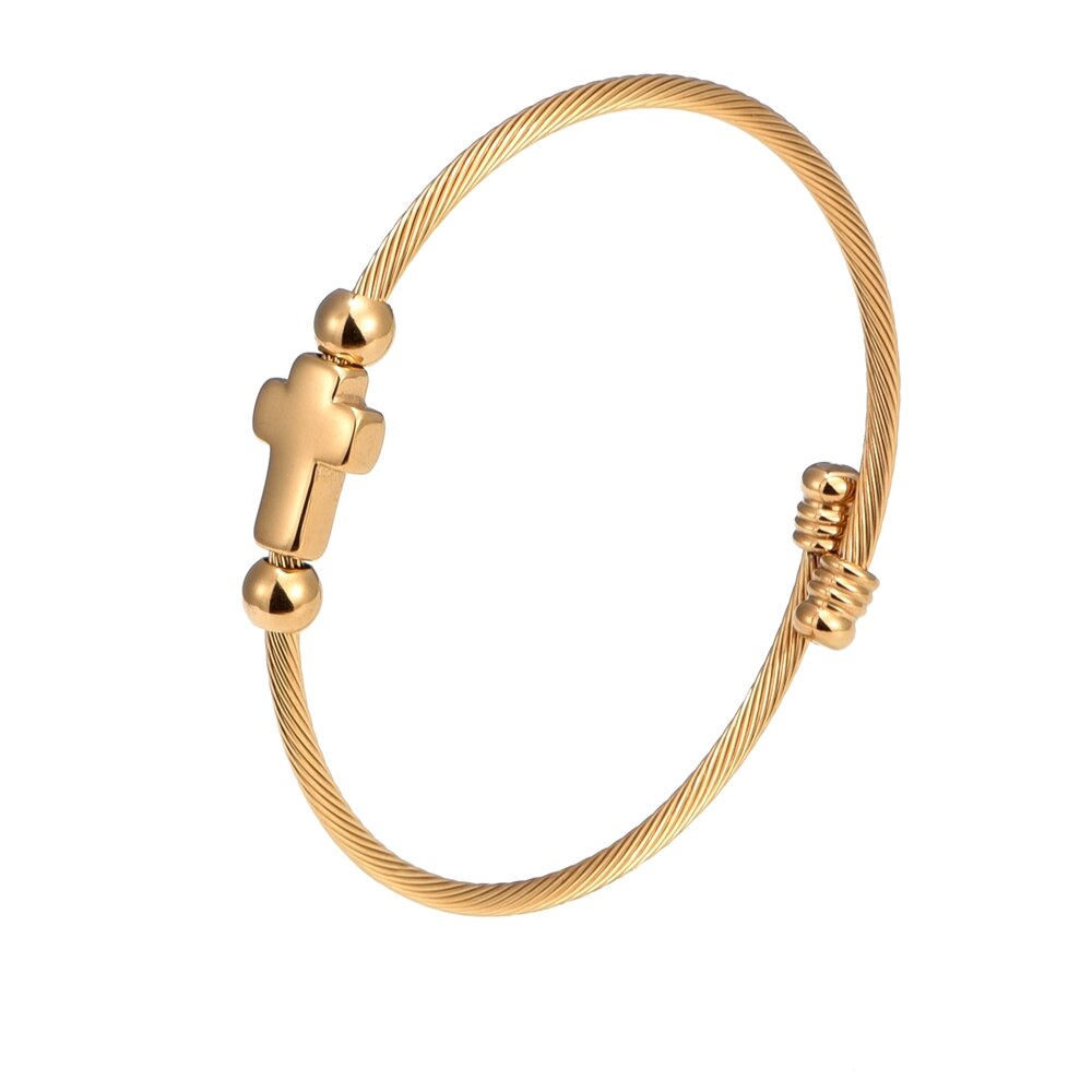 Trendy Jesus Cross Charm Rvs Hennep Touw Gesp Open Bangles Kruis Manchet Armband Voor Mannen Vrouwen Unisex Sieraden: Gold