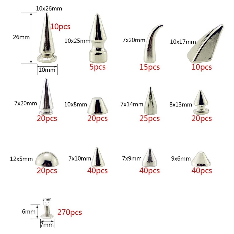 265 setzt Mehrere Entwürfe Schraube Zurück Silber Punk Spikes Und Nieten Metall Baum Kegel Nieten Für Leder Handwerk DIY Projekt