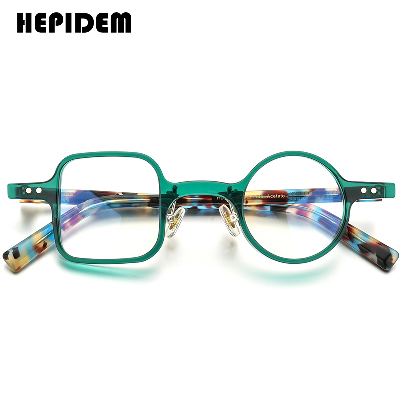 HEPIDEM Acetate Glasses Frame Men Retro Vintage Left Square Right Round Eyeglasses Myopia Optical Spectacles Eyewear 9155