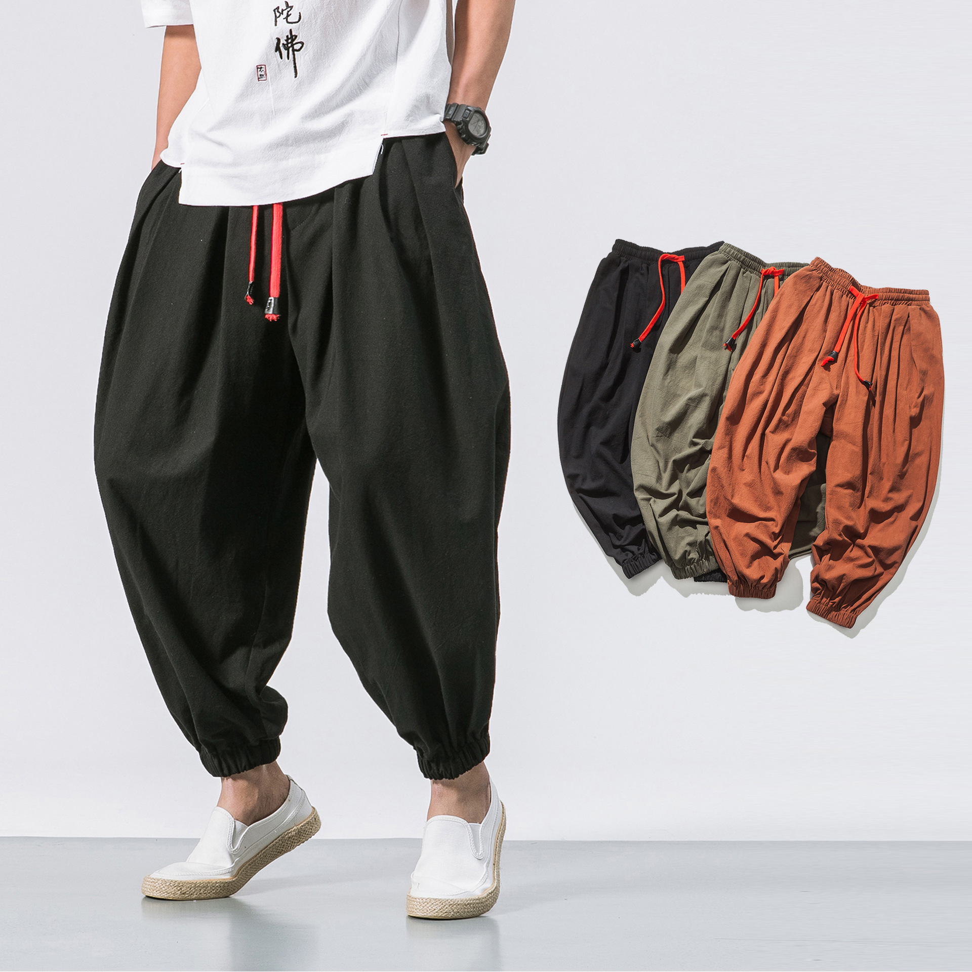 FGKKS, pantalones bombachos holgados de primavera para hombre, pantalones de chándal de lino chino con sobrepeso, pantalones informales de de gran tamaño de para hombre