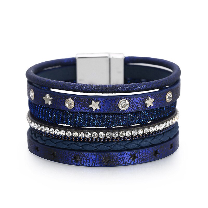 Kirykle Rhinestone Star Charm Leather Bracelets for Women Boho Multilayer Punk Rivet Wide Wrap Bracelet Female Jewelry: KR1188-1