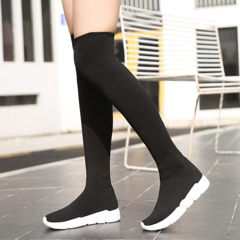 Covoyyar kvinder sokker støvler lange slanke over knæet høje støvler efterår vinter stretch stof kilesko kvinde wbs 850: Sort 1 / 7.5