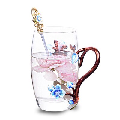 Ferskenblomst og strass dekoreret emalje kaffekop krus blomst te glasmælk kopper legering håndgreb kopper og krus: A03