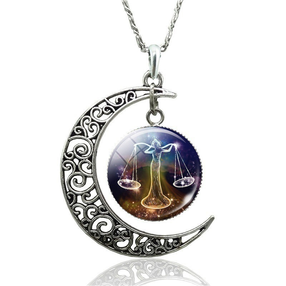 Collar de 12 constelaciones de astrología y horóscopo, colgante de cristal de Luna, collar del zodiaco para mujeres y hombres, de joyería de cumpleaños: Rodio plateado