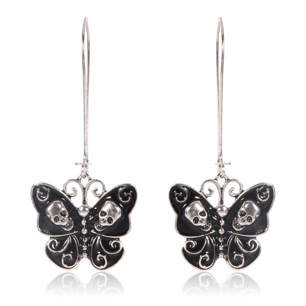 Papillon crâne boucles d'oreilles longues Punk noir papillon crâne cerceau boucles d'oreilles déclaration bijoux pour femmes filles