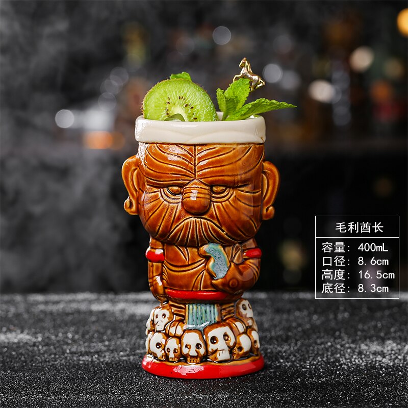 Copa de cóctel TIKI con forma de cráneo, recipiente de cerámica con estatua de Dios del Bar Hollywood, mezclador divertido de bebidas frías, vaso de vino artesanal: Maori Chief