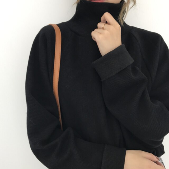 2020 outono inverno camisola de gola alta de malha jumper das mulheres novas blusas casuais solto manga longa jaqueta pullovers feminino topo: Black