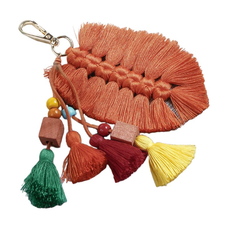 Ren håndlavet bomuldskvast vedhæng blade træperler taske ornamenter nordisk national europæisk nøglering dekoration: Orange