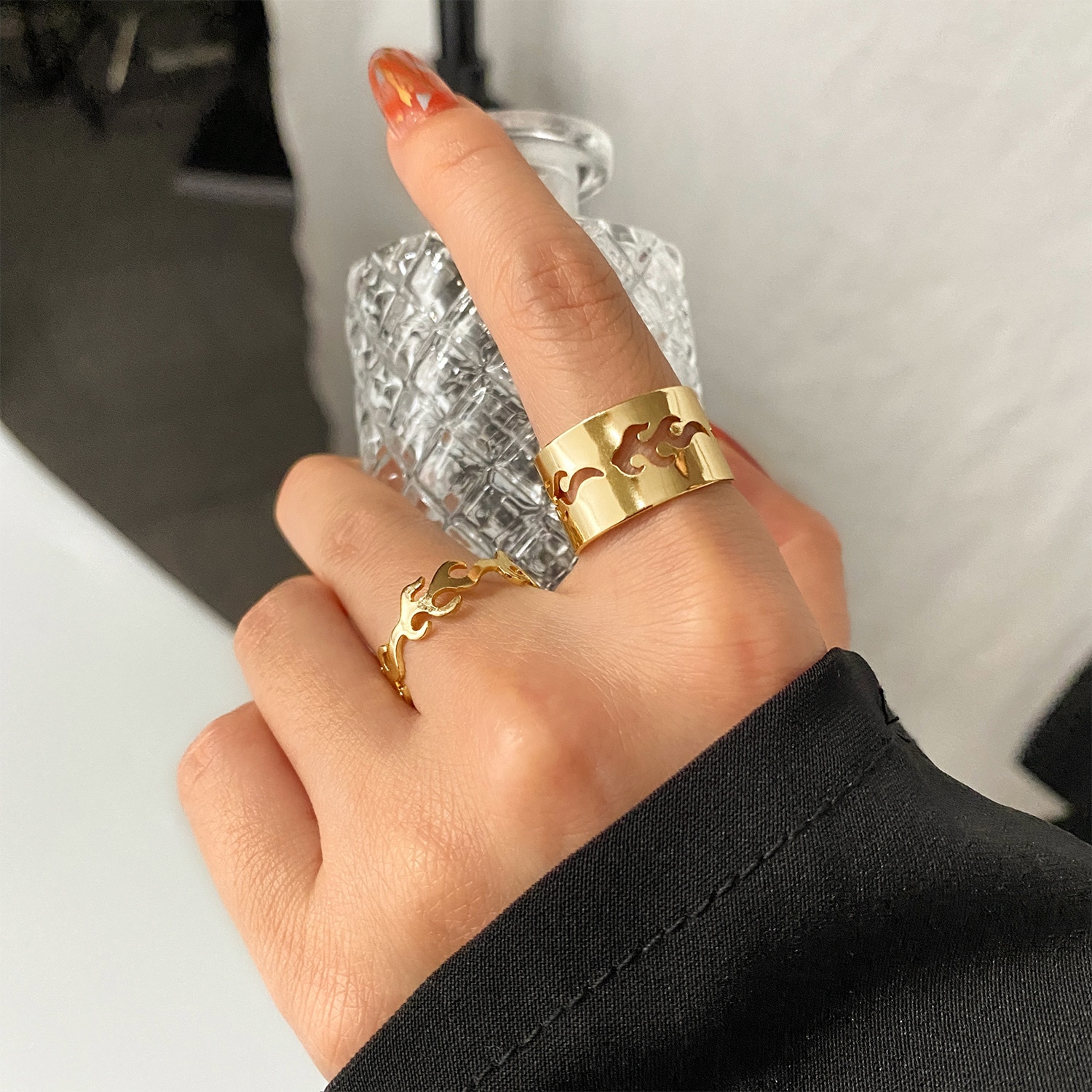 LATS-Anillos abiertos para mujer y niña, joyería gótica, Punk, negra, Vintage, Simple, Animal, mariposa, estrella, Luna, corazón, llama