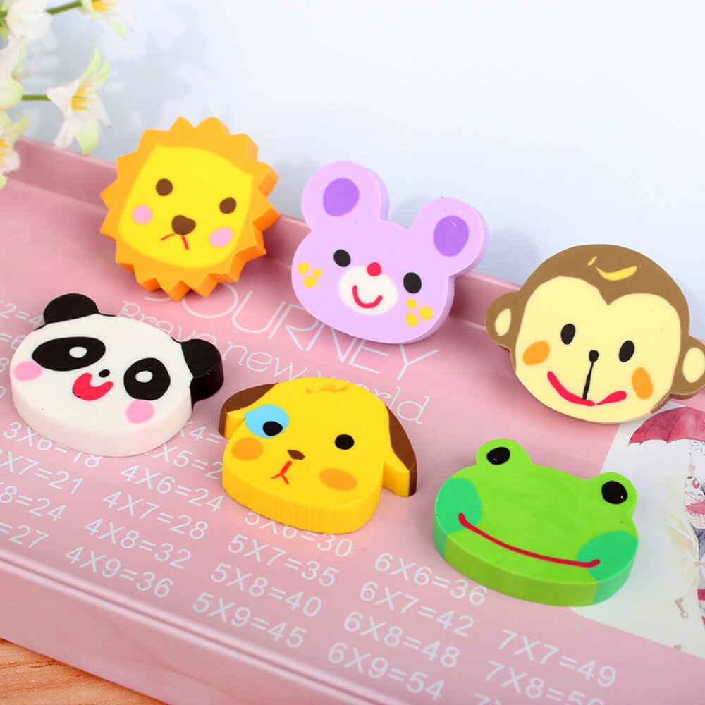 6 Pcs Cute Mini Animal Rubber Pencil Eraser Set Stationery Kids Children Pencil correction Art School /c