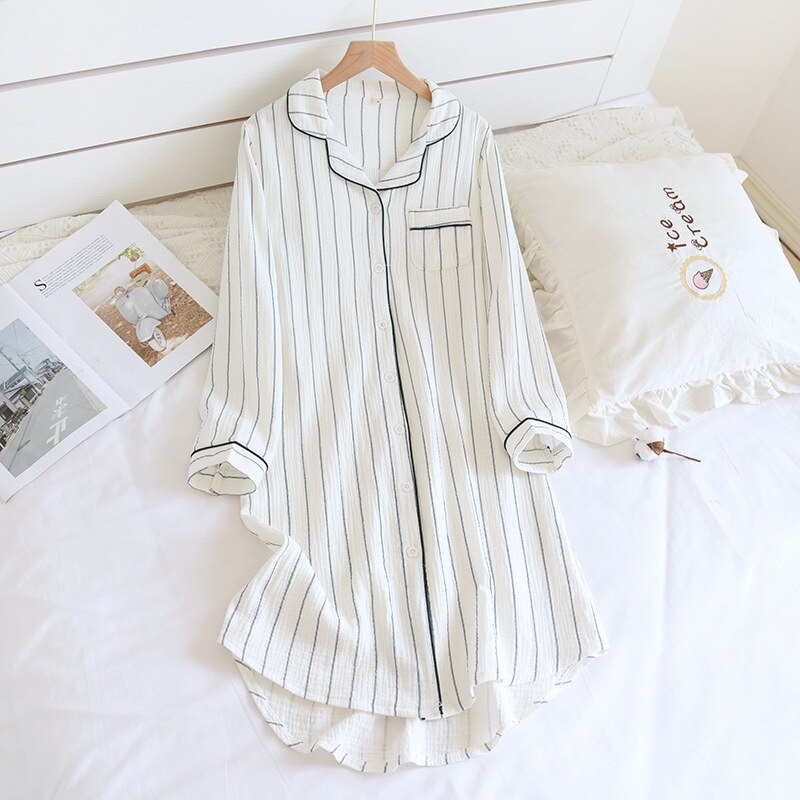 Lente Zomer Lady Katoen Nachthemden Nachthemden Vrouwen Eenvoudige Nachtkleding Crêpe Gestreepte Thuis Pyjama Plus Size Sleepdress: 3 / M