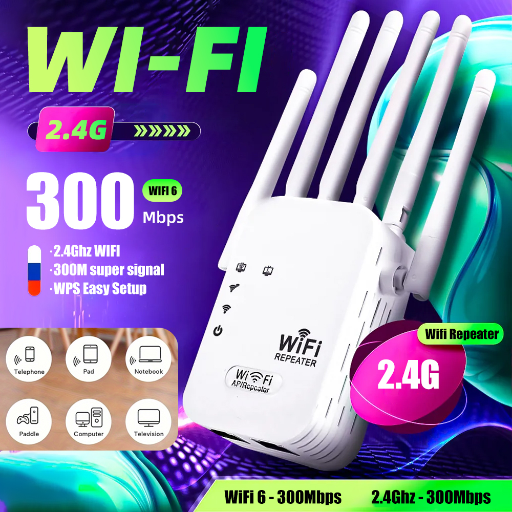 WiFi Extender 300Mbps, 2.4Ghz, With 4 Antennas, 360° Full Coverage for 35+ Devices, Ethernet Port & 1-Tap Setup - Boost Signal