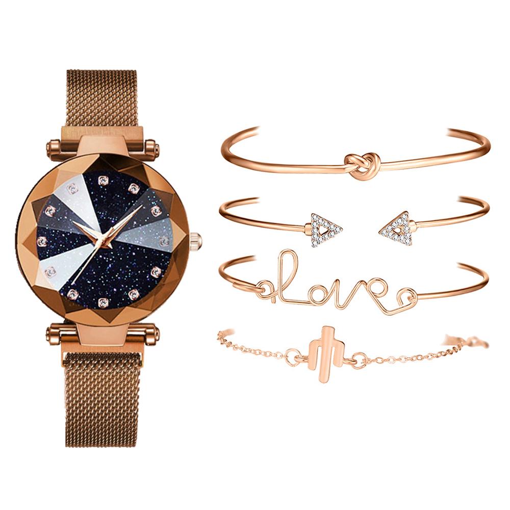 Set de 5 uds de relojes de pulsera de lujo para mujer con de cielo estrellado y rosa dorado con imán y hebilla, reloj de pulsera de , reloj sencillo para mujer: Café